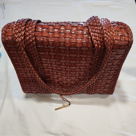 Vintage Elliott Lucca Woven Leather Red Brown, White Stitching Shoulder Bag - Picture 1 of 8